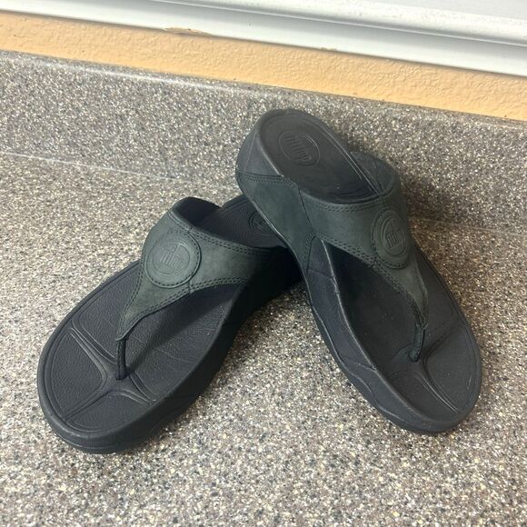 FitFlop Black/Green Thong Sandals Women's Size 6 Slip On Comfort Casual Platform - Picture 3 of 10
